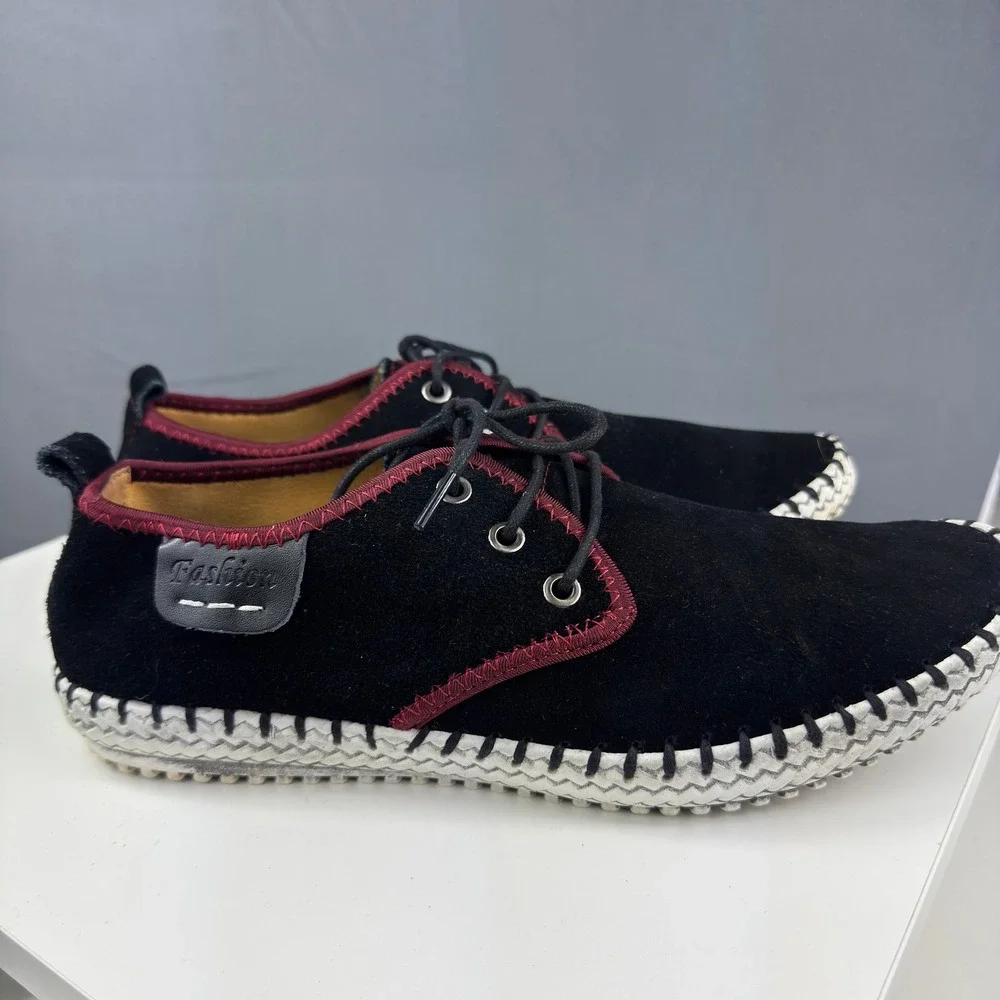 Fashion Casual Shoes Mens 10 Black Suede Burgundy Trim Whipstitch Lace Up Flats